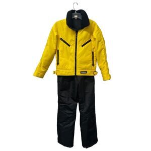 VTG 80’s Tyrolia Womens Snow Bibs And Down Feather Jacket Black Yellow Size 8